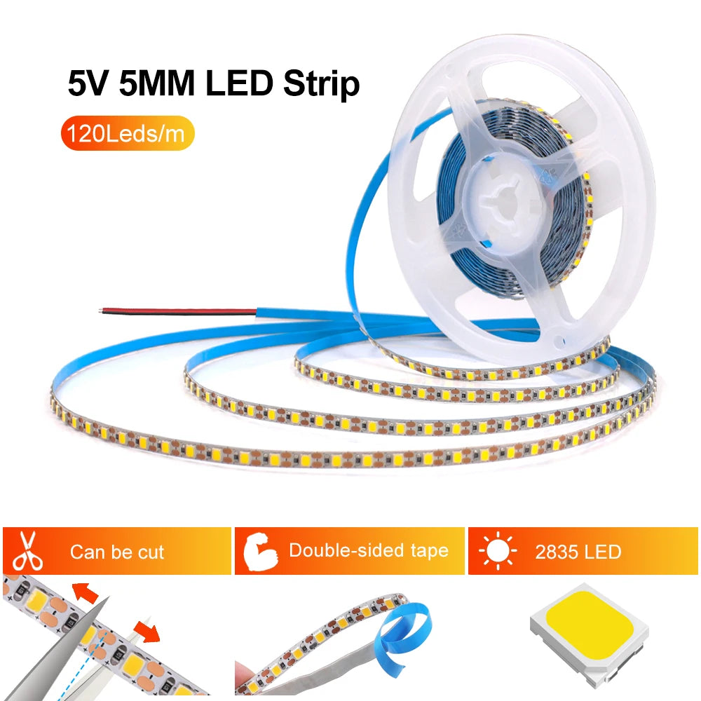 3MM 5MM 8MM Width DC 5V LED Strip 2835 120LEDs/m 1 LED Per Cut Flexible Tape IP20 Not Waterproof Warm Natural Cool White 1M-5M