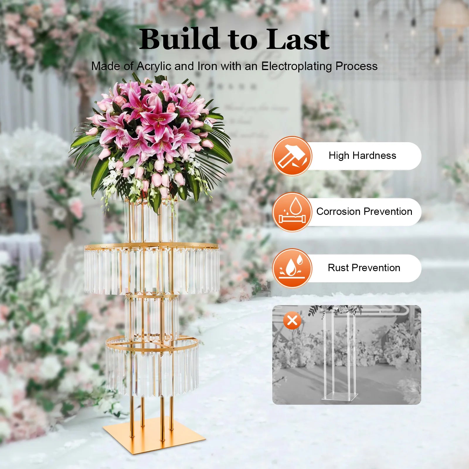 5 Tiers Gold/Silver Wedding Centerpieces Flower Stand Vase Centerpiece Acrylic Flower Stand with Hanging Acrylic