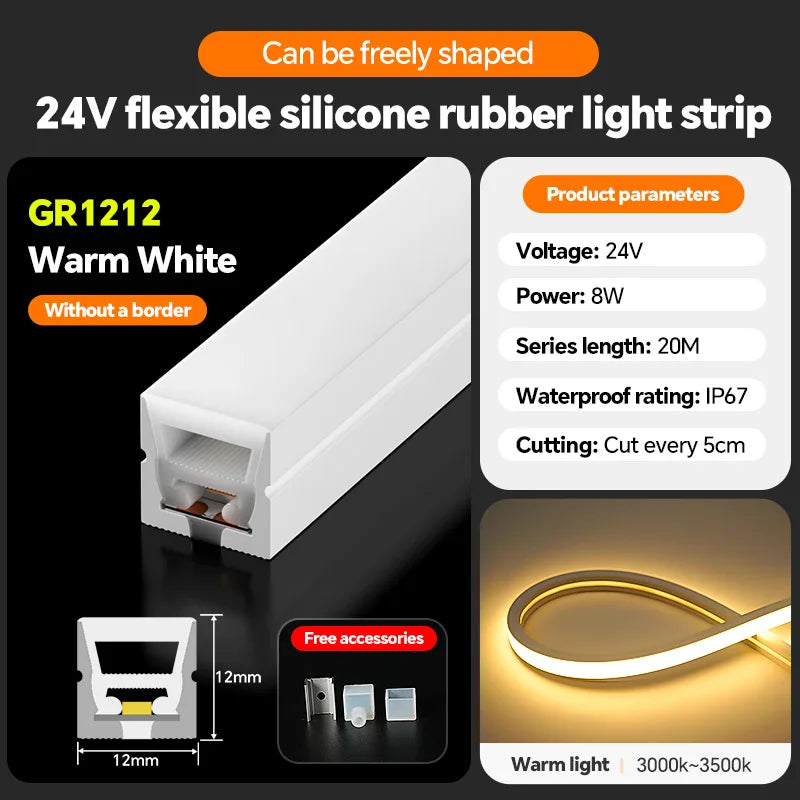 LED silicone light strip, linear light strip, embedded, 24V, waterproof, flexible, curved shape light