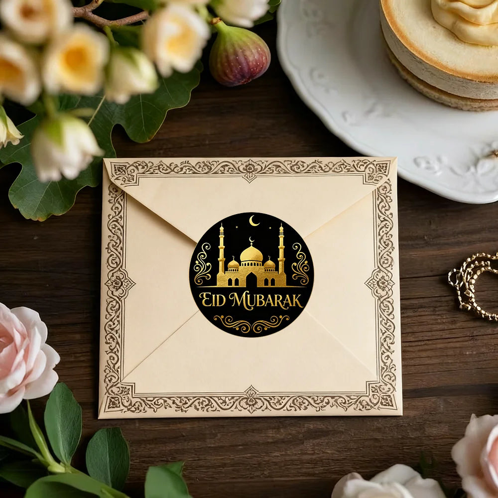 Eid Mubarak Round Stickers Black & Gold Crescent Ornate Decorative Decals, Ideal for Eid Gift Bags, Boxes and Envelopes