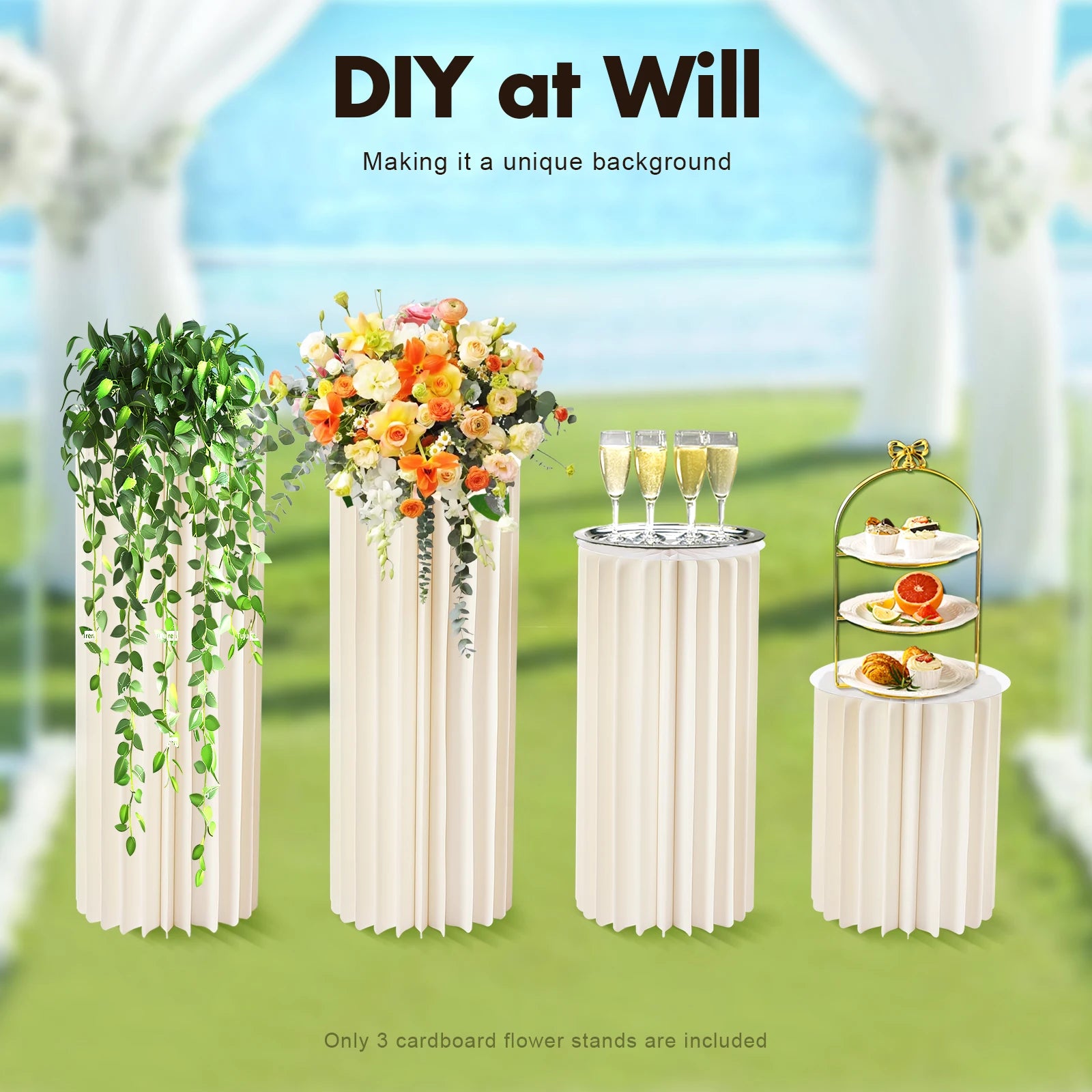 3Pcs Foldable Cardboard Flower Stands Wedding Centerpieces Vase Dessert Table Party Decor Cylinder Display Pedestal (40+60+80cm)