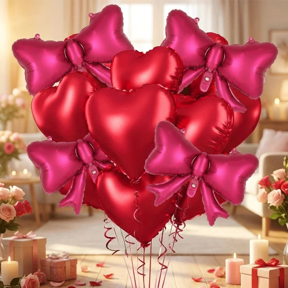 Red Heart-Shaped Balloon Metallic Burgundy Bow Balloon Set 10pcs Heart Foil Balloon Valentine's Day Wedding Birthday Party Decor