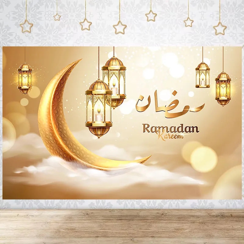 Happy EID Ramadan Festivals Mosque Moon Lantern Mubarak Poster Party Decoration Banner Photo Background Photography Prop Supply