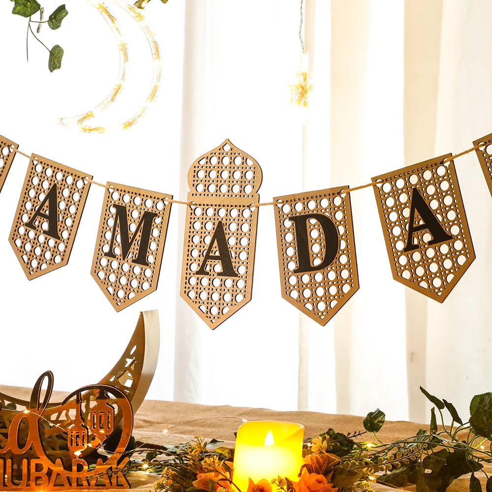Ramadan Mubarak Banner Hollow Lantern Hanging Garland for Islamic Muslim Eid Festival Home Party Ornament Wall Decor Supplies