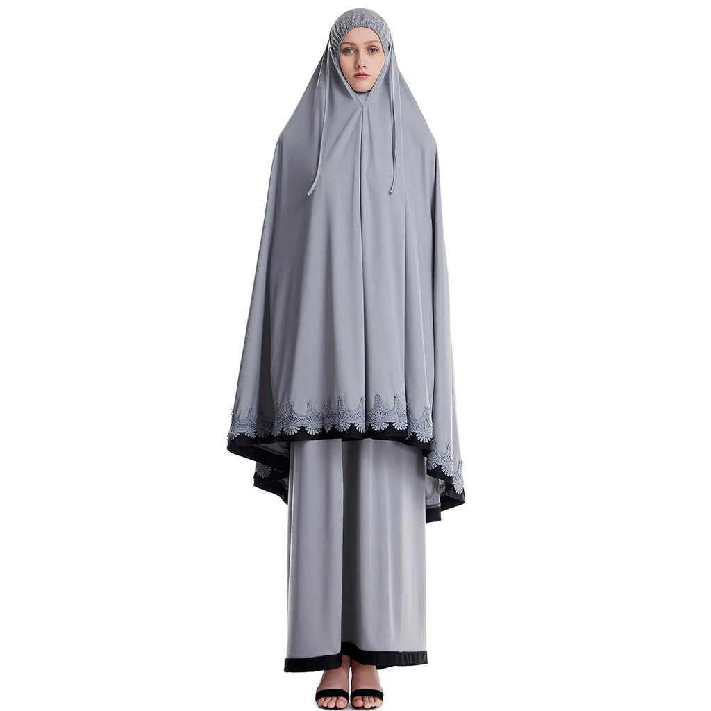 Muslim Women Burqa Dress Lace Two-piece Suit Ethnic Lady Hijab Abaya Suit Ramadan Eid Prayer Garment