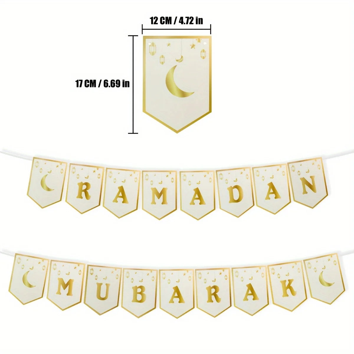 1pc Ramadan Mubarak Banner with Crescent Moon and Stars Paper Garland Decor for Ramadan, Eid Al-Fitr, Universal Celebrations