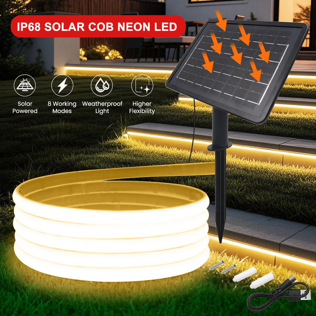 IP68 Waterproof Solar Powered COB Neon Strip 24V 320Leds 3000K 4000K 6000K Red/Green/Blue/Yellow Flexible Ribbon Rope LED Light