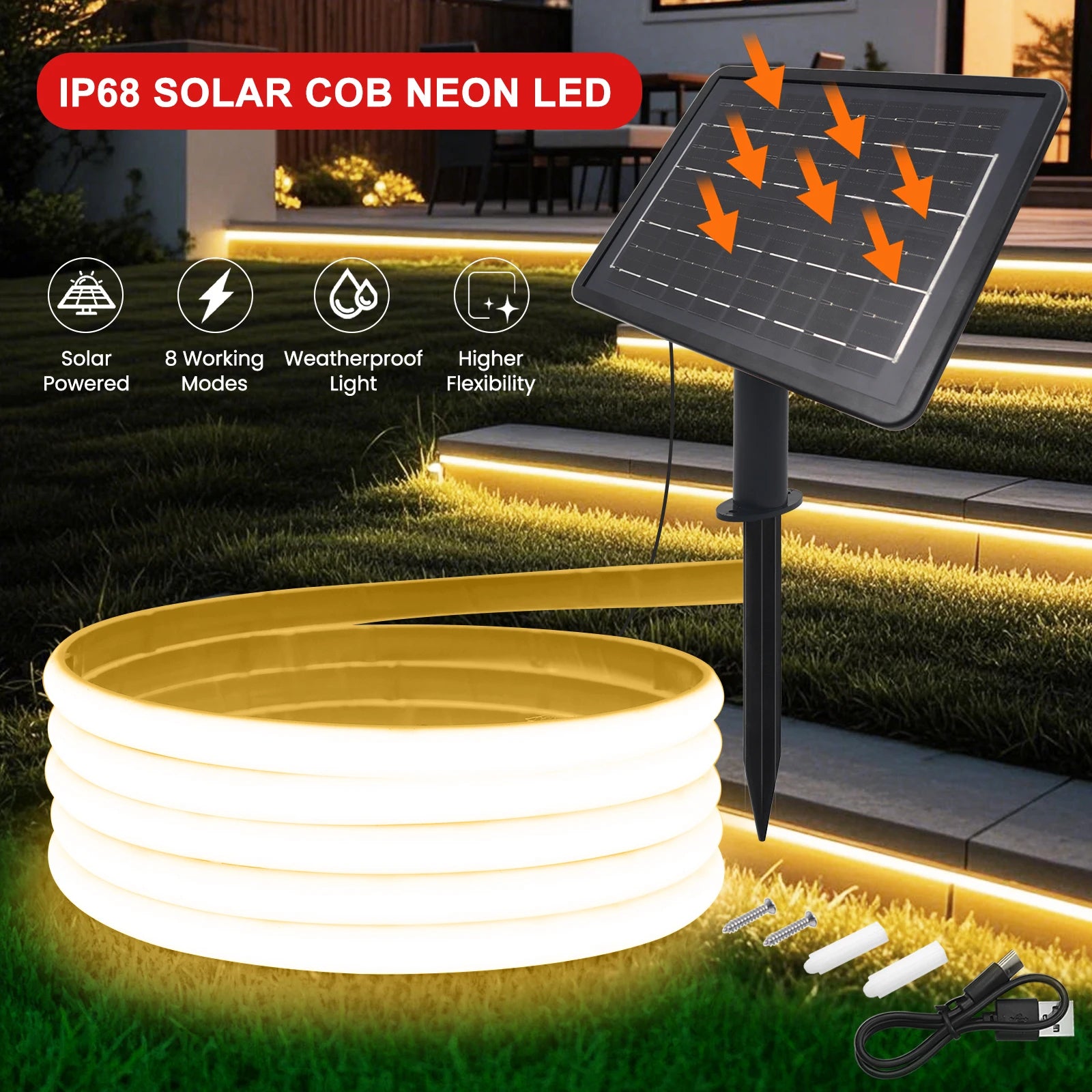 IP68 Waterproof Solar Powered COB Neon Strip 24V 320Leds 3000K 4000K 6000K Red/Green/Blue/Yellow Flexible Ribbon Rope LED Light
