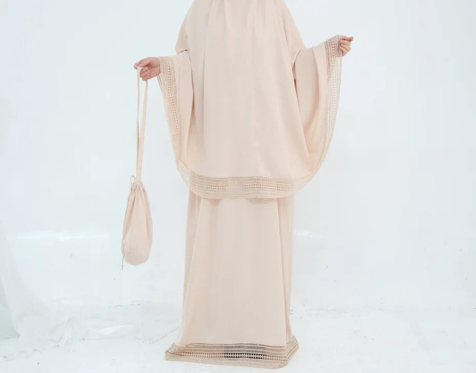 Muslim 4 Piece Set Women Skirts Headscarf Lace Storage Bag Prayer Pad Suit Eid Ramadan Morocco Dubai Hijab Long Skirt Outfits