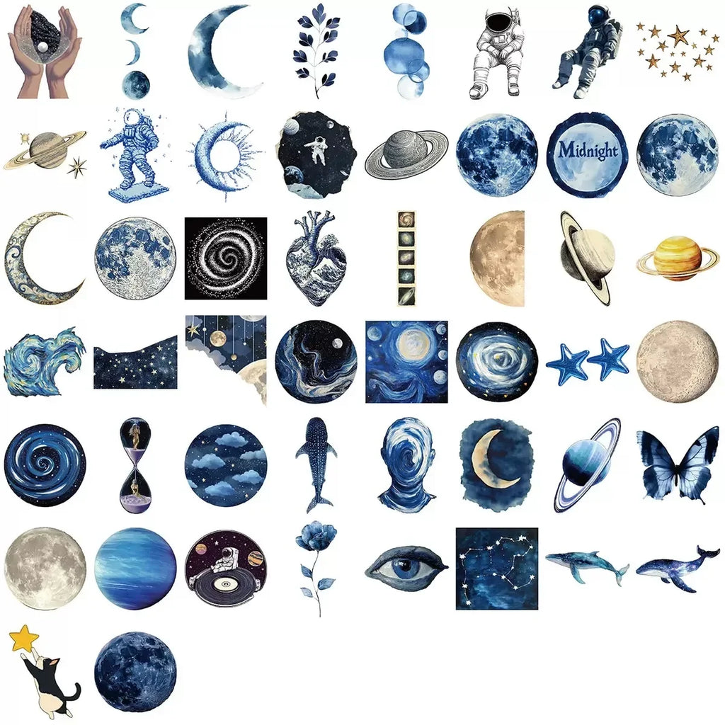 50PCS Cool Dark Blue Laser Outer Space Universe Planets Stickers Aesthetic DIY Laptop Phone Luggage Decals Sticker Kids Toy