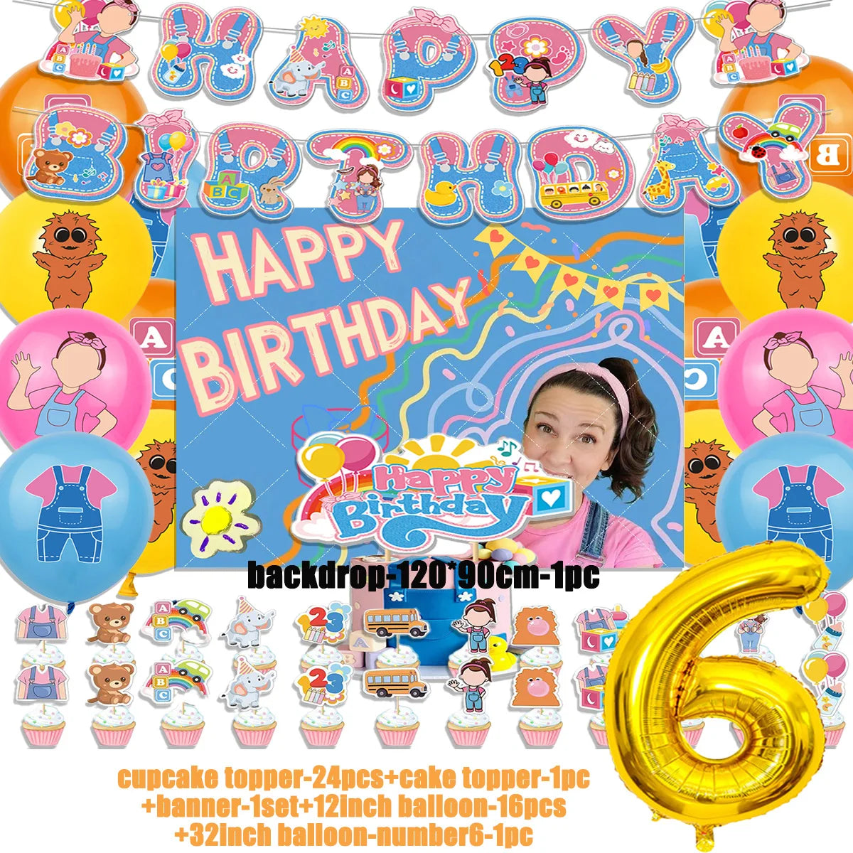 Cartoon English Teacher Theme Child Birthday Party Decor Ms&Racheled Balloon Banner Backdrops Cupcake Toppers for Kids Gifts