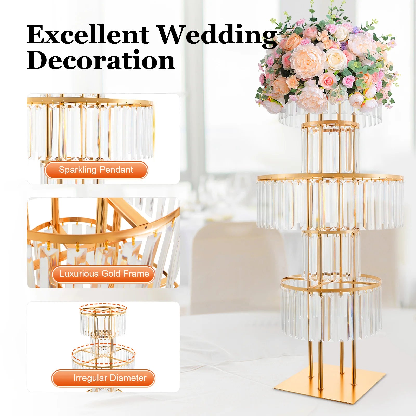 Gold 5 Tier Wedding Crystal Flower Rack Centerpieces Flower Stand Wedding Party Backdrop Stand Freestanding Floral Holder