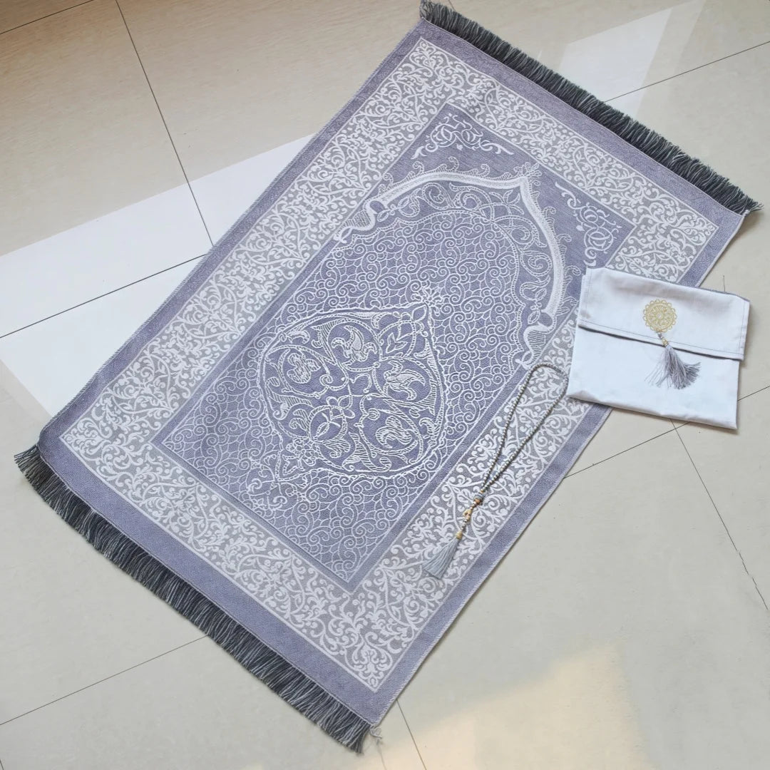 Muslim Prayer Rug and Prayer Beads with Bag Janamaz Soft Sajadah Islamic Gifts Set Portable Prayers Carpet Mat Taffeta Fabric