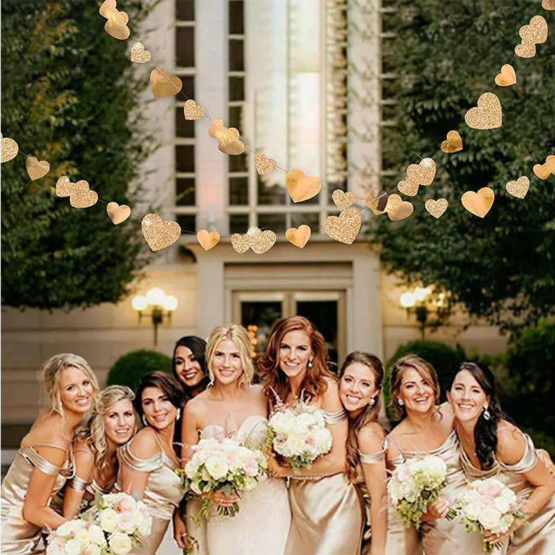 Champagne Gold Party Decorations Star Dots Garlands  Hanging Paper Heart Streamer Banner Wedding Valentine Day Party Flag Decor