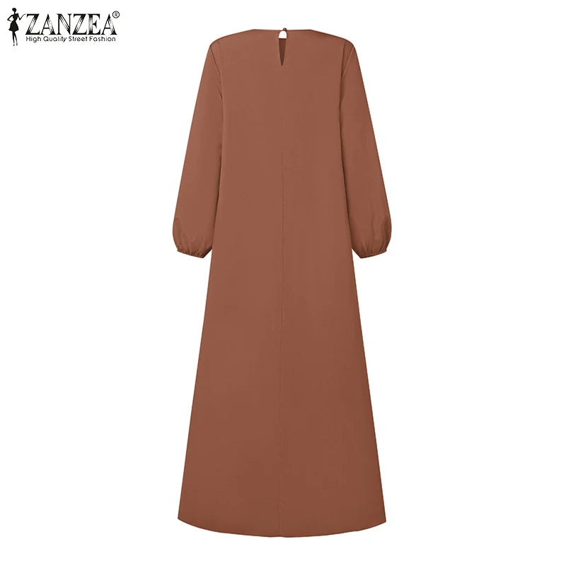 2025 ZANZEA Islamic Hijab Women Abaya Robe – Elegant O-Neck A-Line Dress