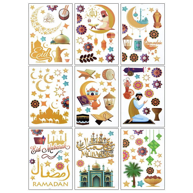 Eid Mubarak Ramadan Decorative Stickers 9pcs Islamic Patterns Self-Adhesive For Wall Window Gift Packaging Party Decor Supplies