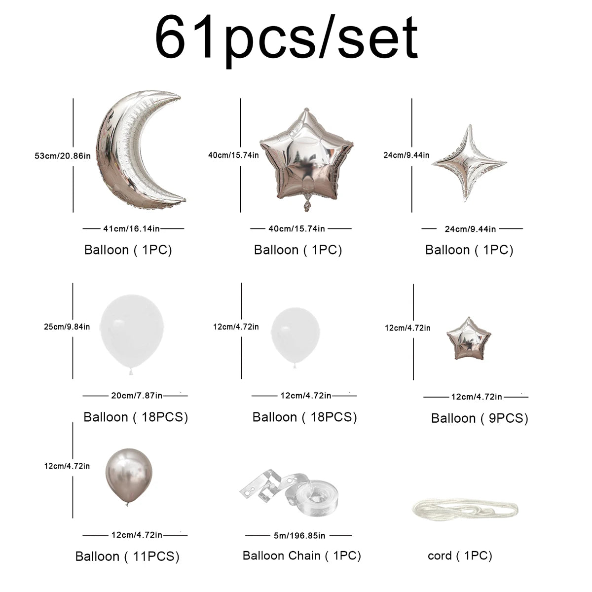 Moon, Stars, Clouds, Balloon Chain Party Decoration and Arrangement 1 set of 61 pieces