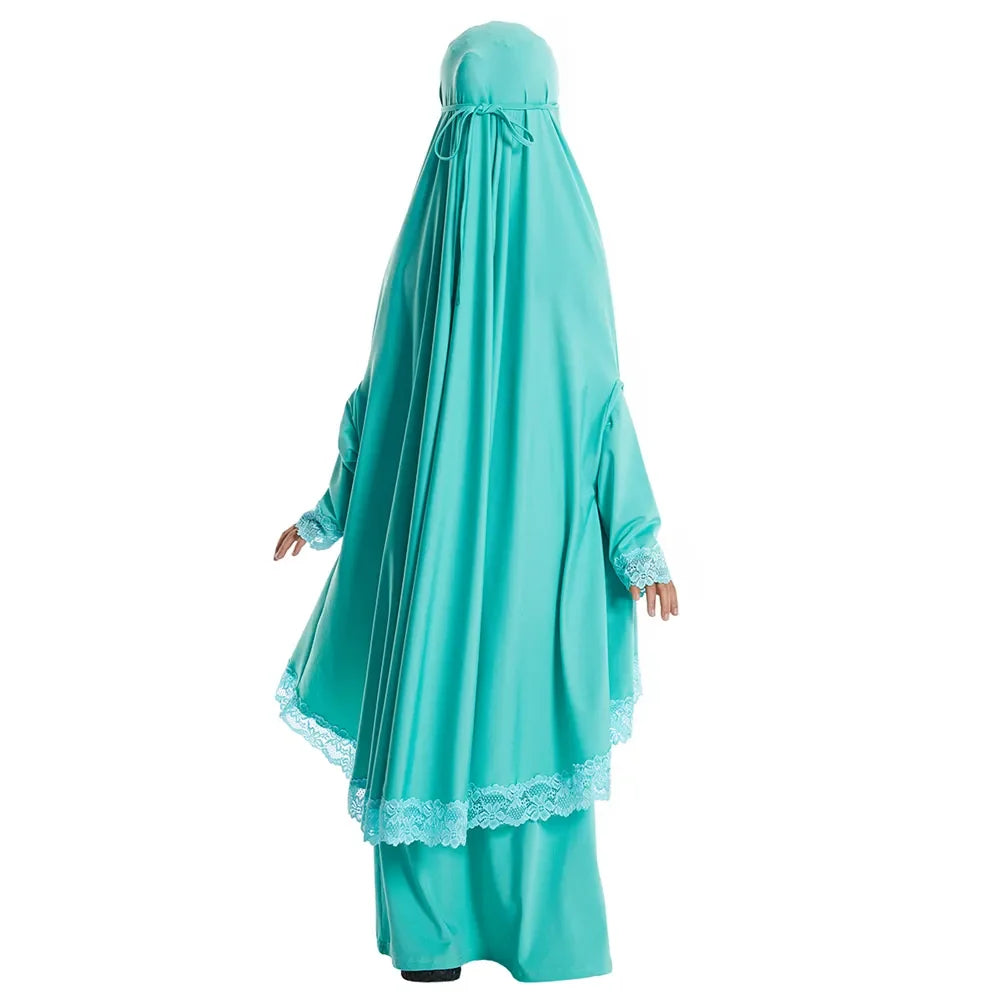 Muslim Kids Girls Hijab Dress Ramadan Khimar Skirt Set Overhead Eid Prayer Garment Burqa Abaya Robe Kaftan Hooded Gown