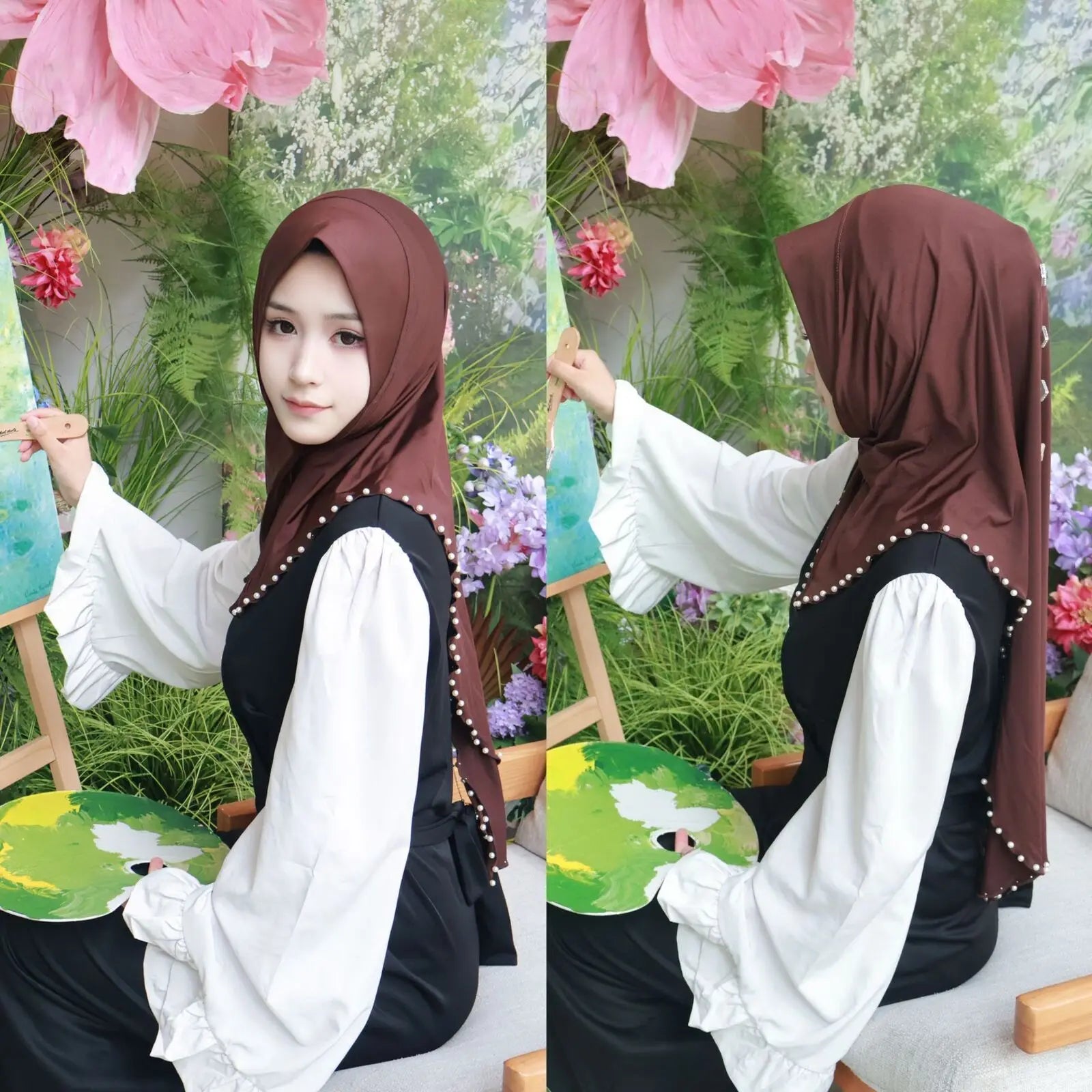 Women Fashion Beaded Headscarf Wear Directly Instant Hijab Arab Islamic Khimar Laides Shawls Eid Ramadan Turban