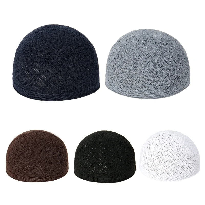 Breathable Muslims Adult Knit Kufi Elastic Hollow out Islamic Knit Kufi Inner Hat Casual Church Pray Lightweight Hat