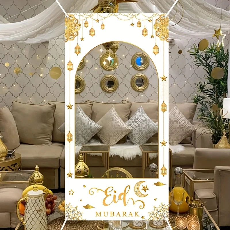 1set Islamic Ramadan Eid Mubarak Photo Booth Backdrop with White Golden Frame Muslim Party Decoration Supplies 2026