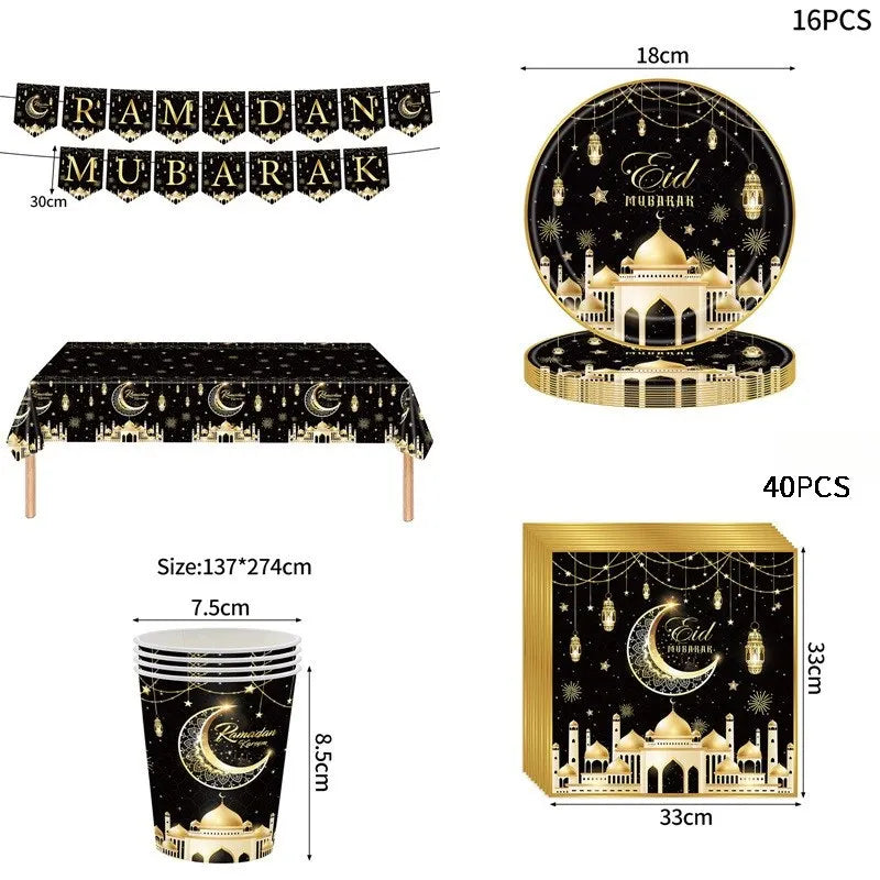 Ramadan Tableware Decorations Moon Star Party Supplies Hanging Cloth Eid Mubarak Banner Eid Plates Cups Tableware Decorations