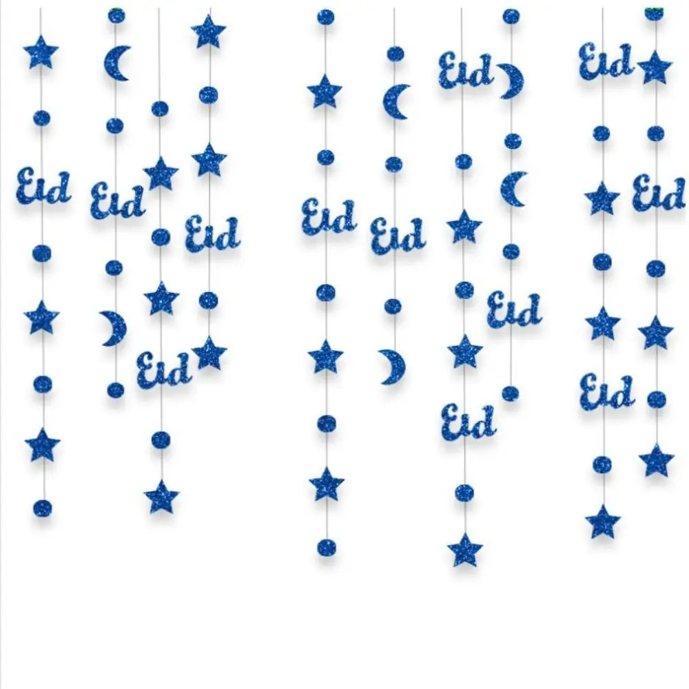 Gold Silver Eid Mubarak Banners Glitter Paper DIY Paper Ramadan Kareem Decor Pull Flag Ceiling Hanging Hang Garland