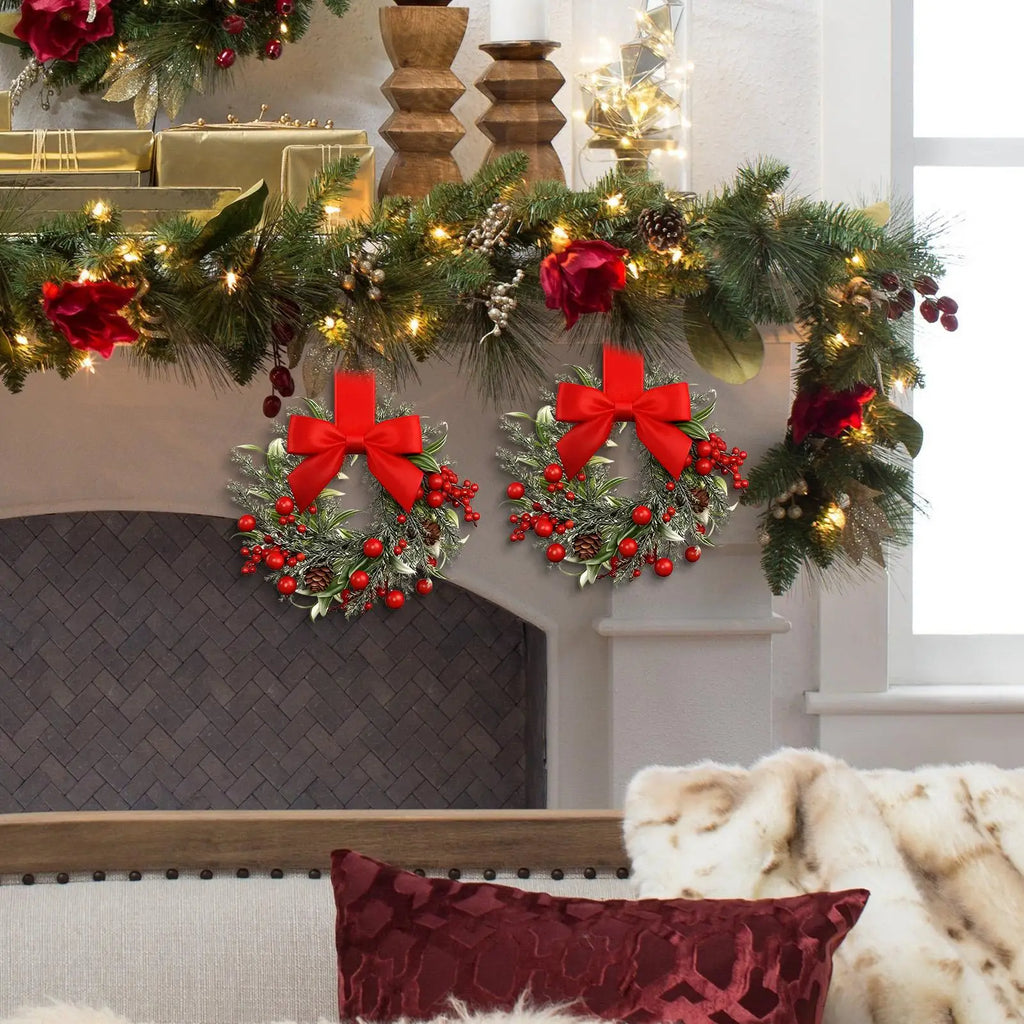 6pcs Christmas Mini Wreaths Window Door Hanging Ribbon Bows Red Berries Christmas Party Home Decorations 2025 Xmas Navidad