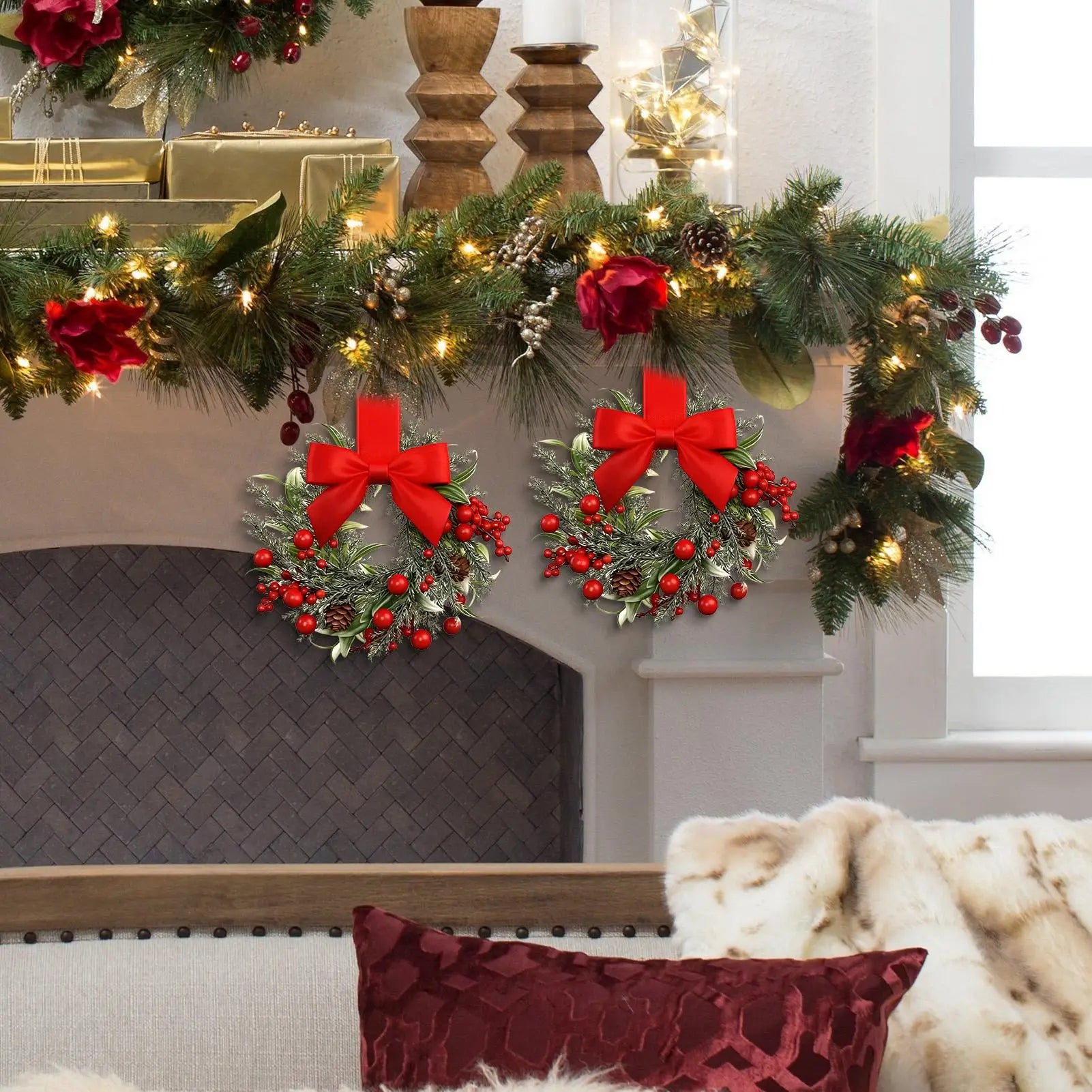 6pcs Christmas Mini Wreaths Window Door Hanging Ribbon Bows Red Berries Christmas Party Home Decorations 2025 Xmas Navidad