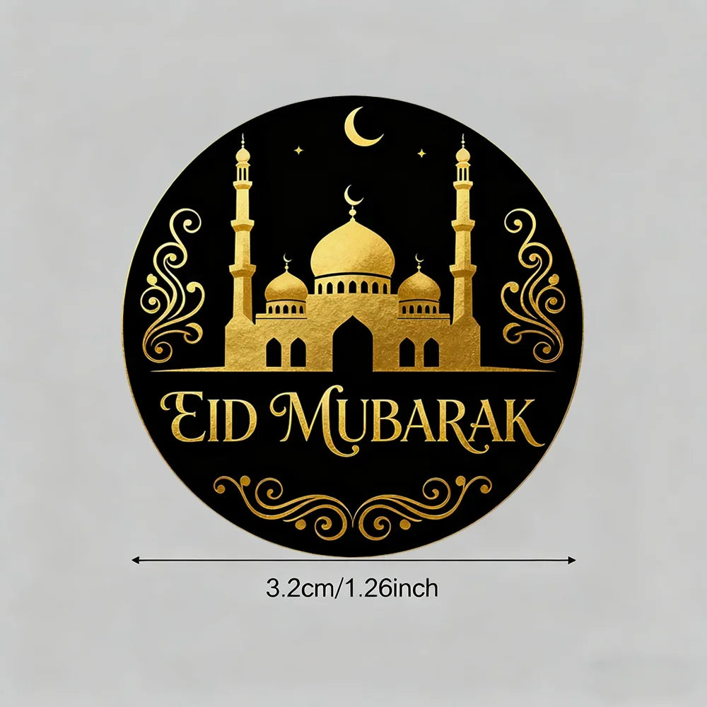 Eid Mubarak Round Stickers Black & Gold Crescent Ornate Decorative Decals, Ideal for Eid Gift Bags, Boxes and Envelopes