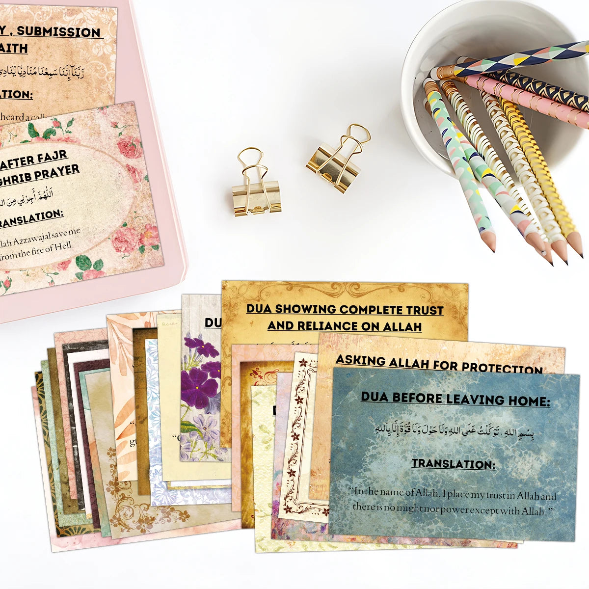 40pcs Vintage Quran Dua Cards For Ramadan-Arabic&English Islamic Prayer Cards For Umrah,Salah,Iftar,Mosque,Muslim Daily Worship