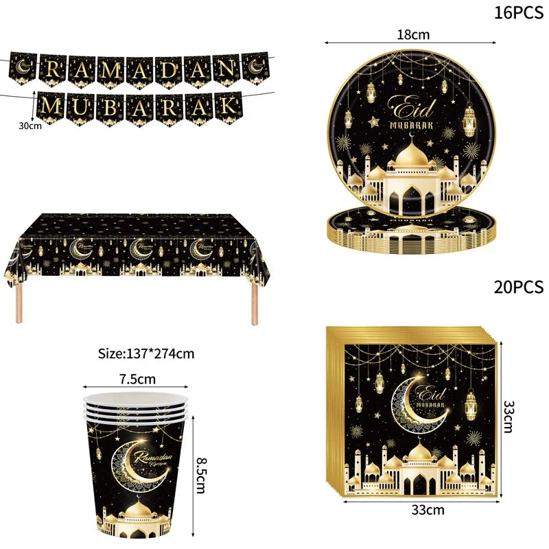 Ramadan Tableware Decorations Moon Star Party Supplies Hanging Cloth Eid Mubarak Banner Eid Plates Cups Tableware Decorations