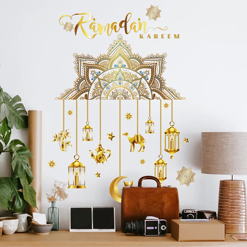 Eid Mubarak Wall Stickers Moon Star Lantern Ramadan Kareem Wall Decals Muslim Islamic Window Sticker Decorations for Home 2024