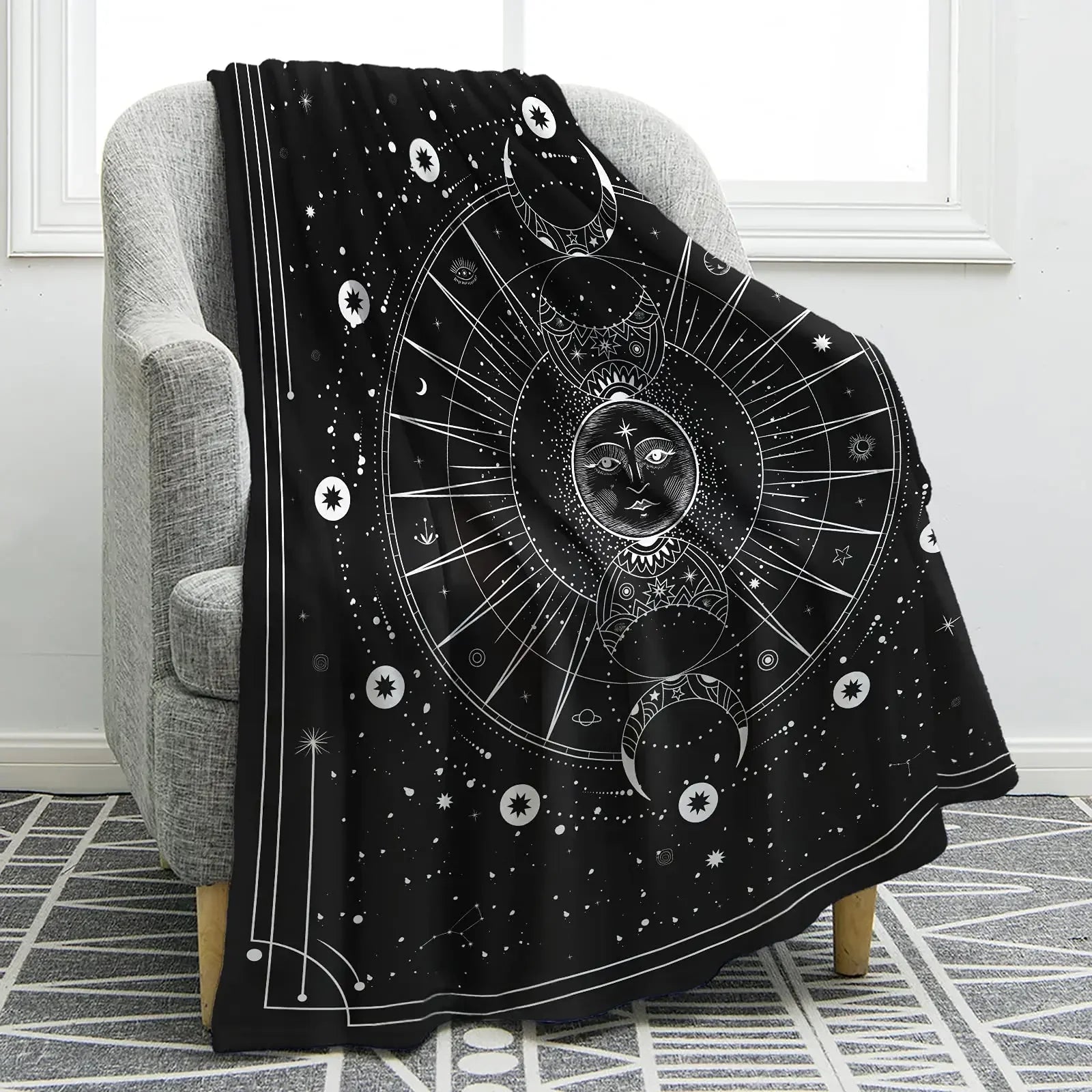 Sun Moon Blanket Star Space Psychedelic Black and White Print Throw Blanket for Couch Bed Sofa