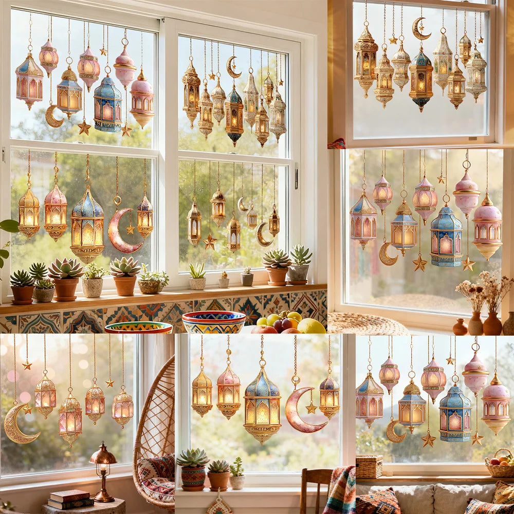 1pcs Eid Ramadan Star Moon Lantern Window Wall Stickers Decoration Ramadan Wall Stickers Islamic Muslim Background Wall Stickers