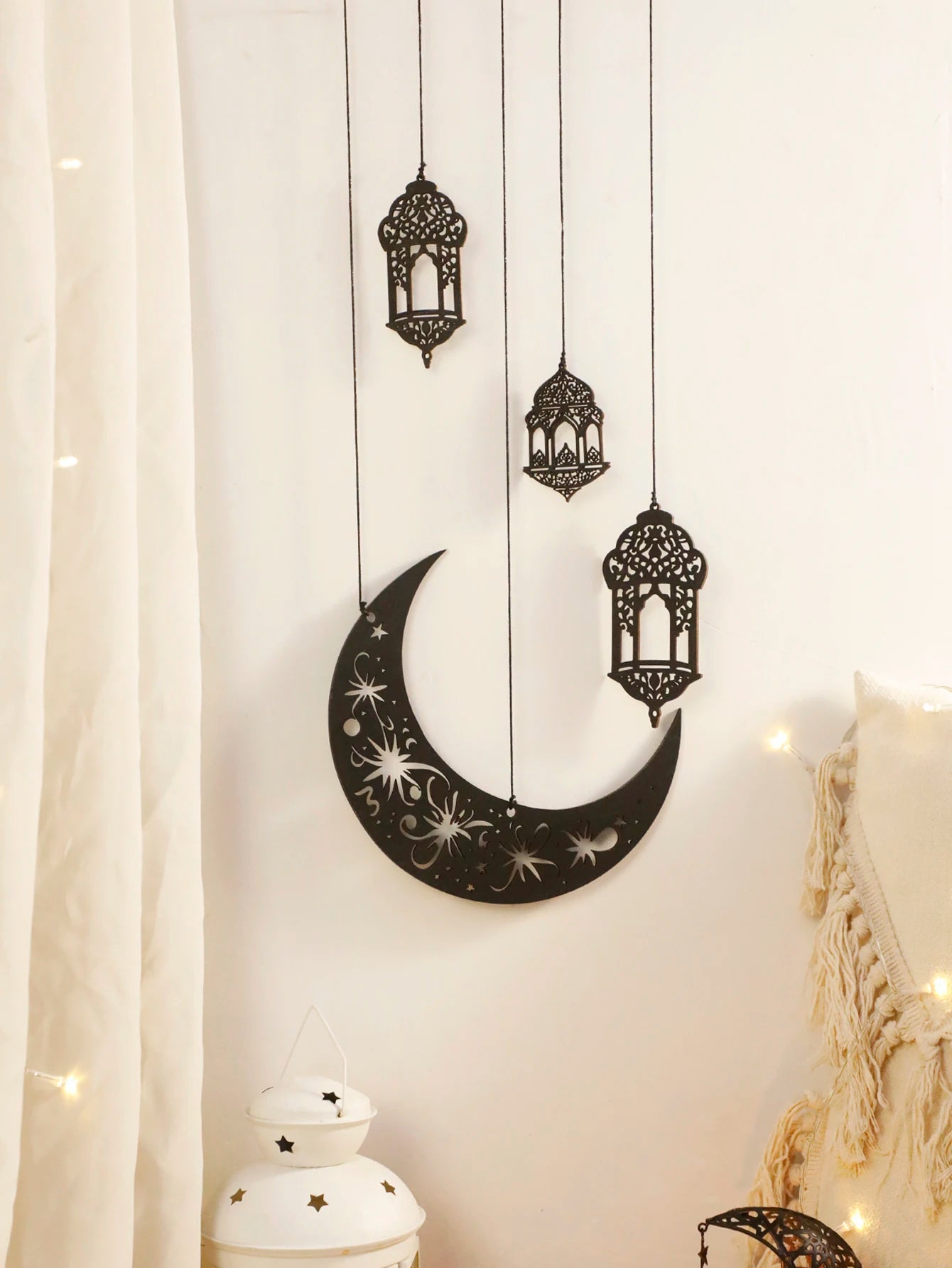 Wooden Wall Decor - Black Wooden Crescent Moon with Star Cutouts , Hanging Lanterns for Ramadan Eid, Islamic Festival Home Decor