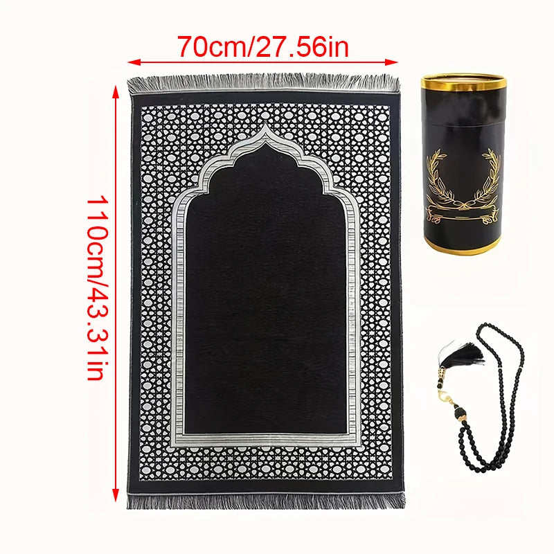 Prayer Mat Set with prayer beads and Cylinder Gift Box Portable Travel Prayer Rug Worship Blanket Ramadan Islamic Muslim Gift