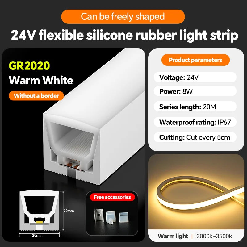 LED silicone light strip, linear light strip, embedded, 24V, waterproof, flexible, curved shape light