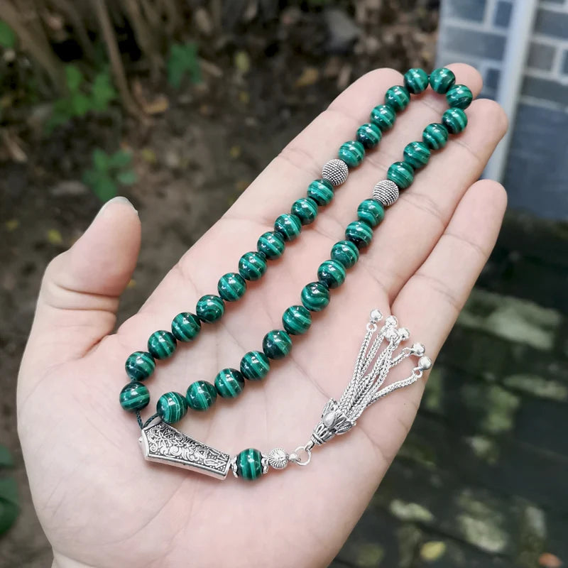 Luxurious Tasbih 100% Natural Green Malachite Grade AAAAA with 925 Sterling Slivers Teaasel islamic rosary Muslim Eid adha gift