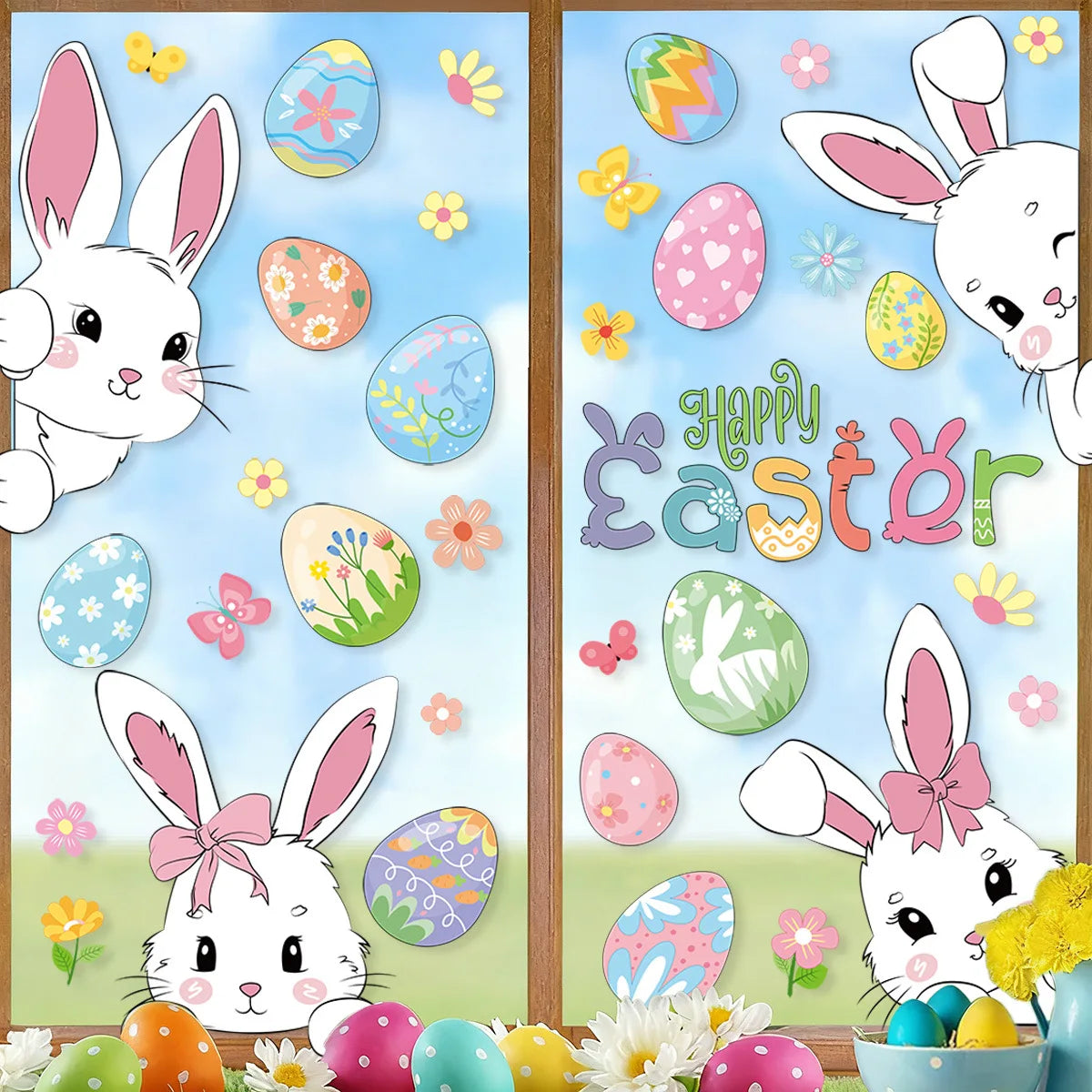 6 Sheets Happy Easter Decorations Window Clings Bunny Eggs No Glue Stickers Static Glass Decal Spring Party Home Decor Kids Gift