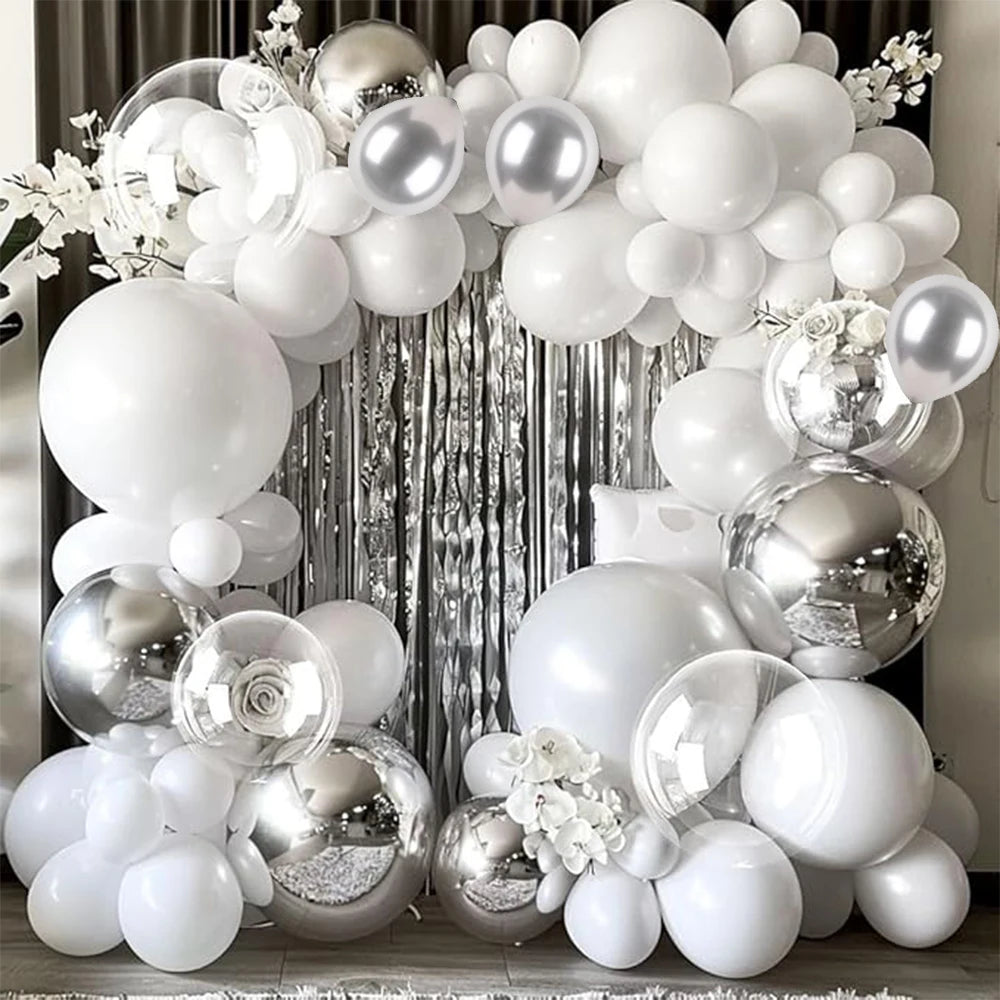90pcs White Silver Balloon Garland Silver Balloon White Pearl balloon Arch Kit for Baby Shower Birthday Wedding Party Decor