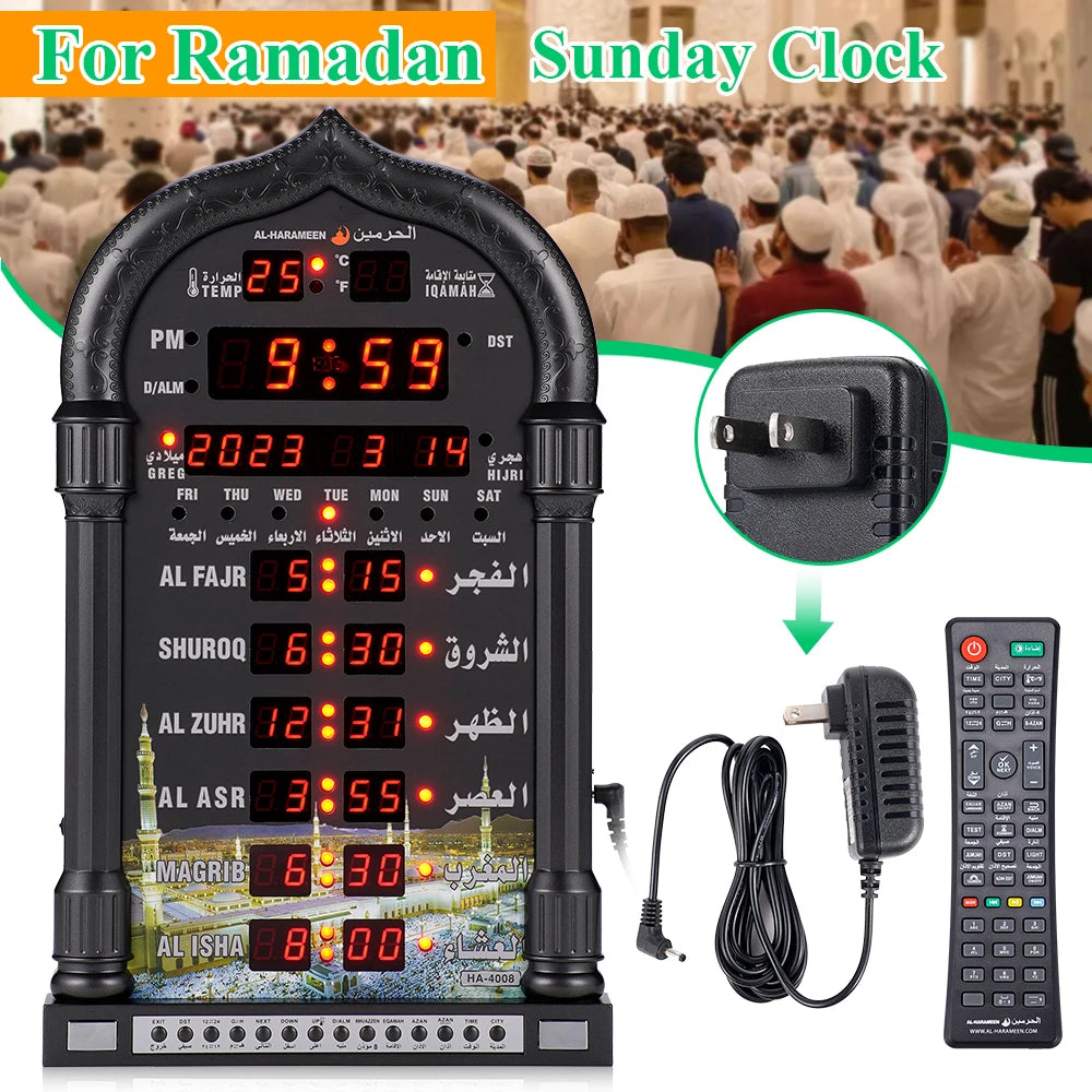 12V Azan Mosque Mosque Clock Calendar Muslim Prayer Wall Clock Alarm Islamic Mosque Azan Calendar Ramadan Home Decor Wall Clock