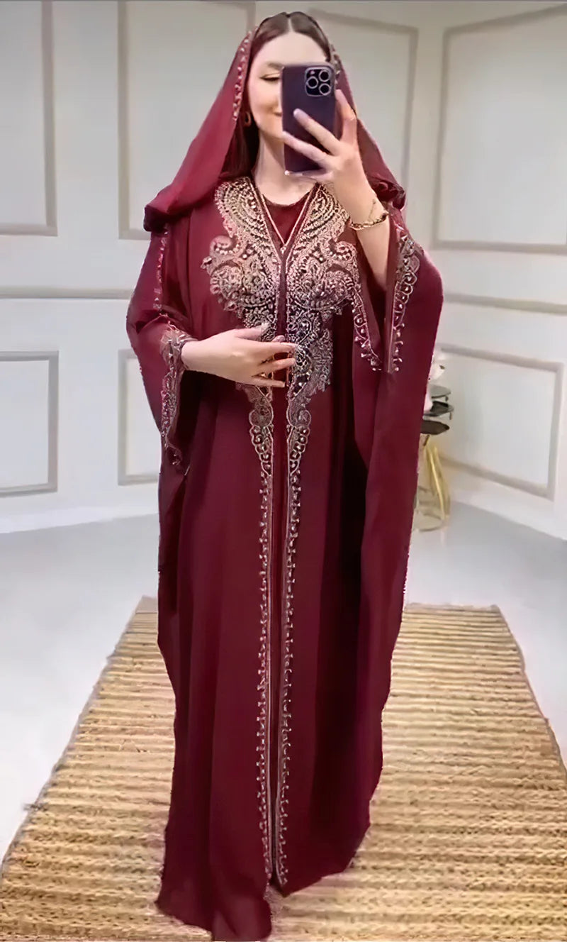 Eid Muslim Dress for Women – Hooded 2-Piece Diamond Jalabiya Kaftan