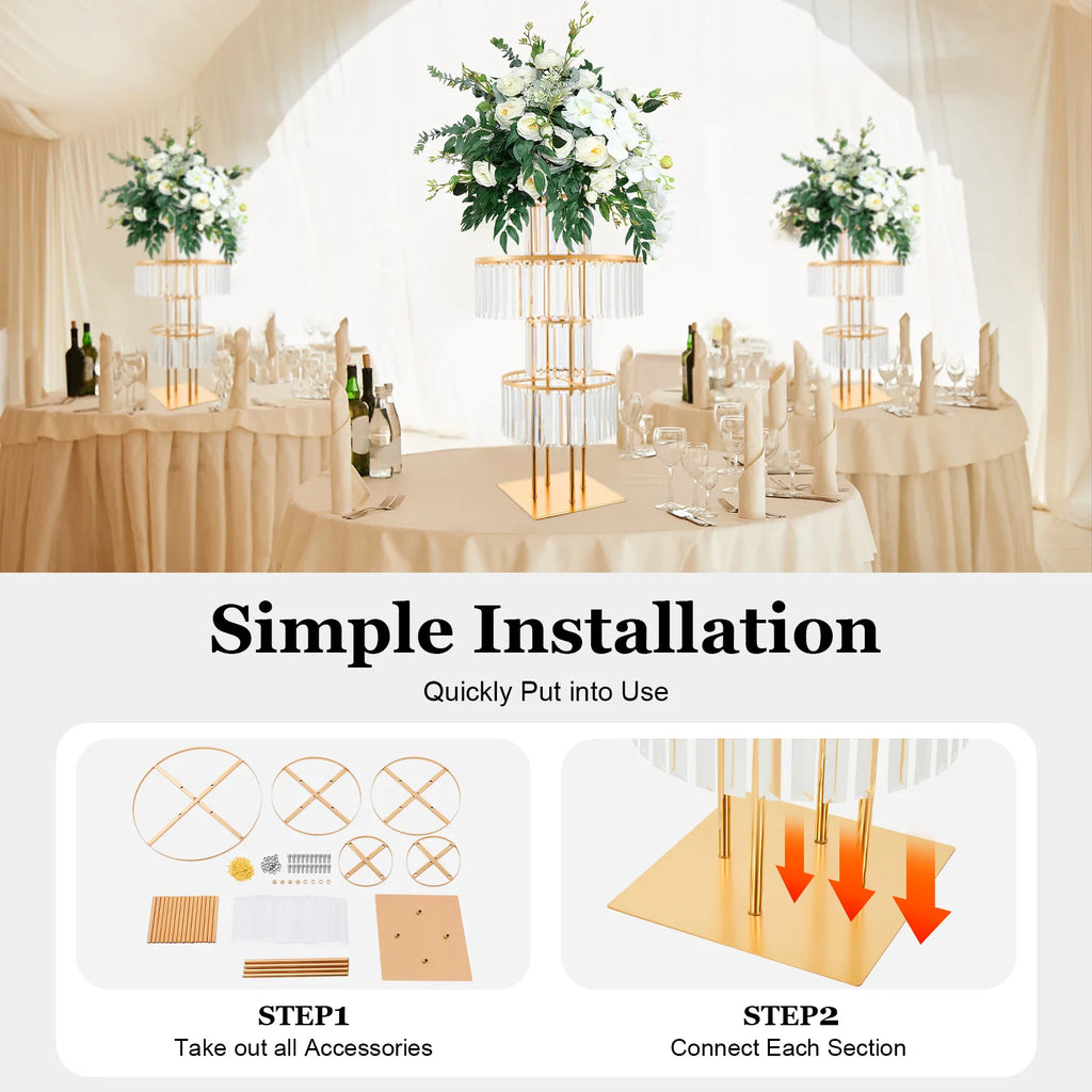 5 Tiers Gold/Silver Wedding Centerpieces Flower Stand Vase Centerpiece Acrylic Flower Stand with Hanging Acrylic