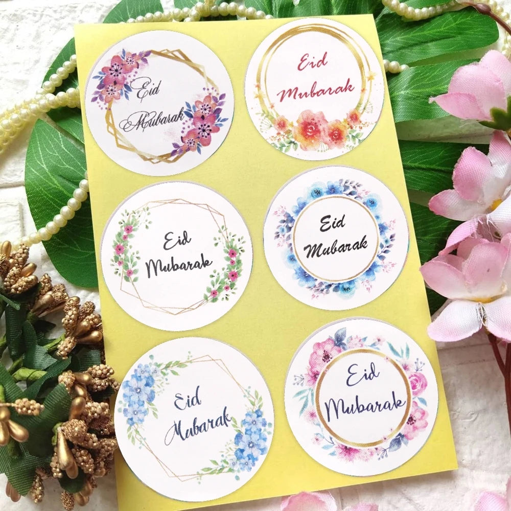 96PCS Eid Mubarak Stickers 3cm Flower Wreath Paper Stickers Ramadan Kareem Muslim Islamic Party Decor DIY Gifts Wrapping Supply