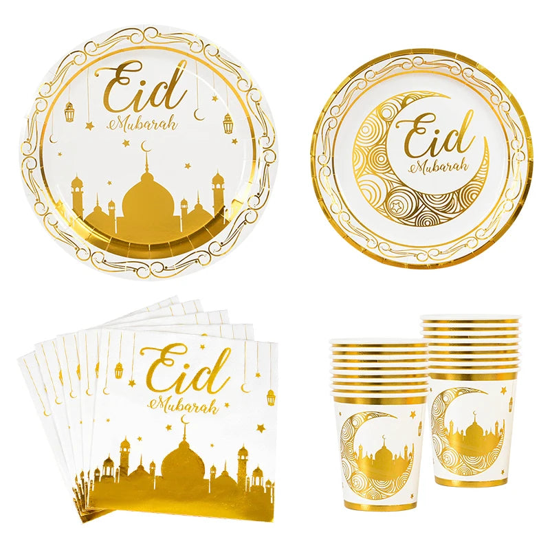 Eid Mubarak Party Tableware Set Gold Disposable Plate Cup Napkins Banner 2026 Islamic Muslim Supplies Ramadan Kareem Decorations