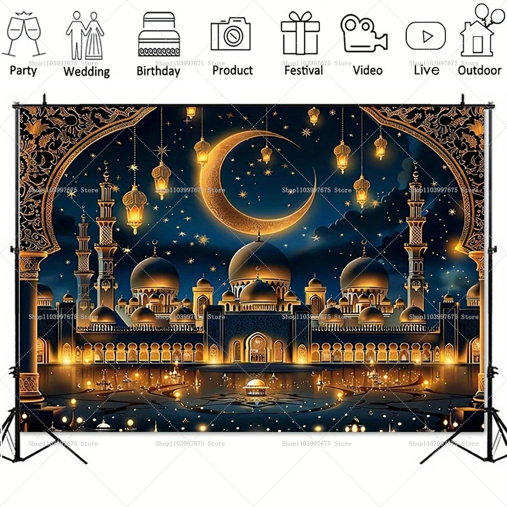 2D Arabian Starry Nights Islamic Palace Party Backdrops Eid Party Decorations Photography Background Banner Photo Booth Props