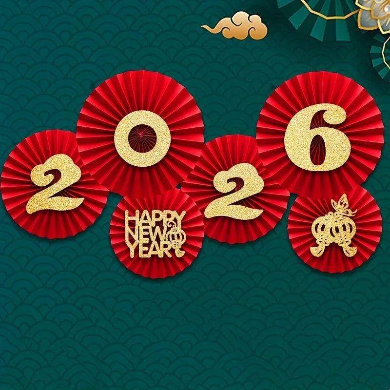 6pcs 11.42inch,9.84inch,7.48inch New Year Red&Golden Paper Fans-Traditional Decoration with Dragon,Phoenix,Lanterns-Wall Hanging