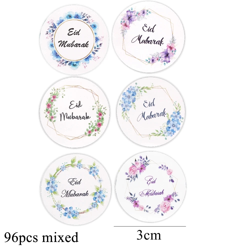 96PCS Eid Mubarak Stickers 3cm Flower Wreath Paper Stickers Ramadan Kareem Muslim Islamic Party Decor DIY Gifts Wrapping Supply