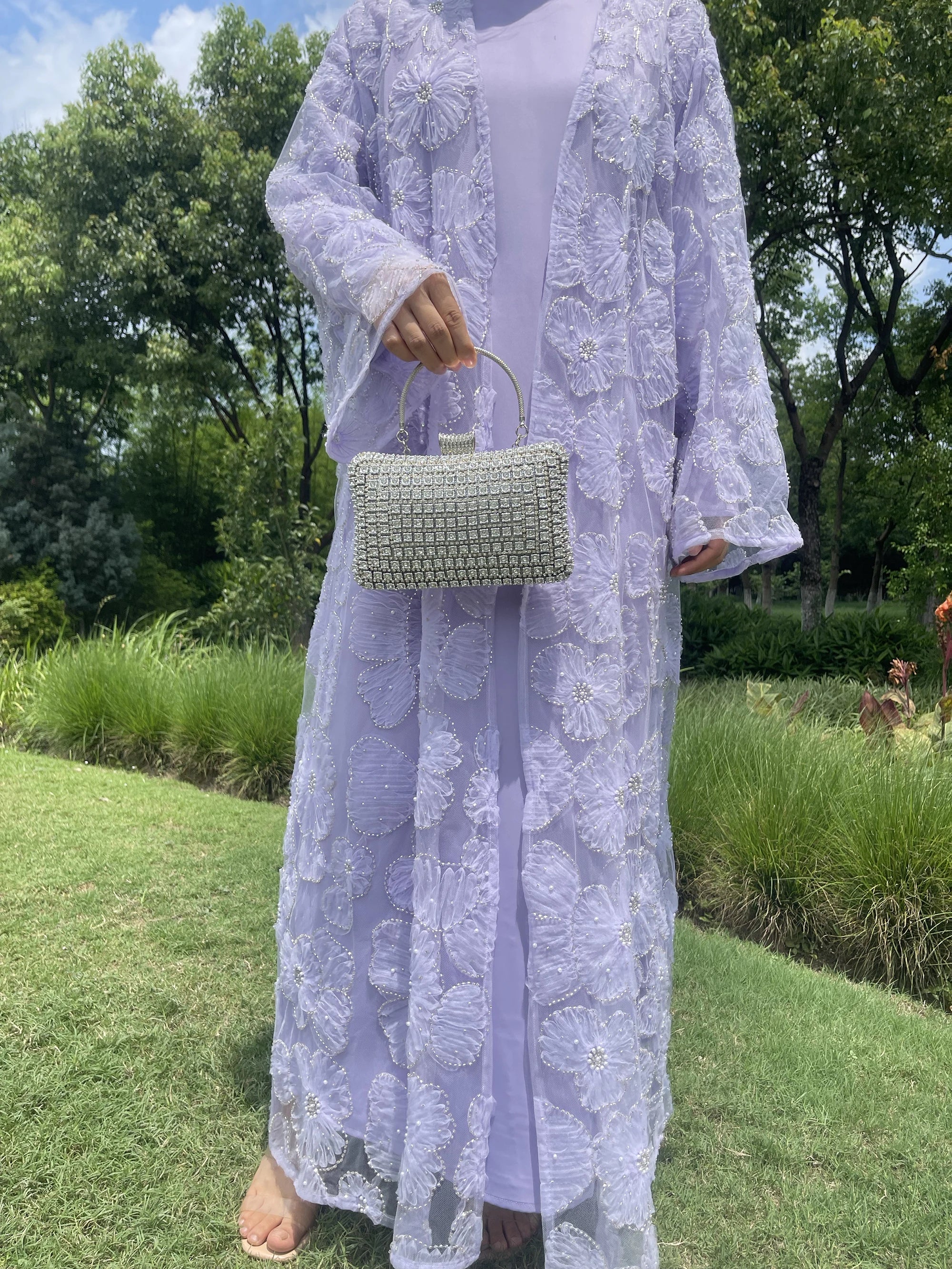 Muslim Women Two-piece Set Floral Beaded Abaya and Satin Inner Dress MSL881